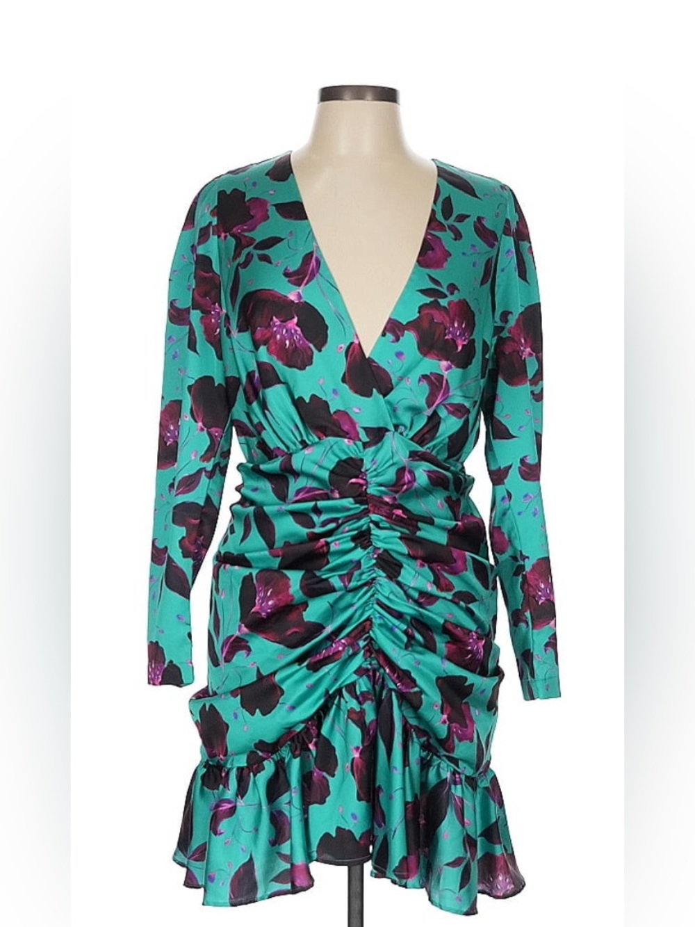 Elegant Teal and Purple Floral Long Sleeve Dress